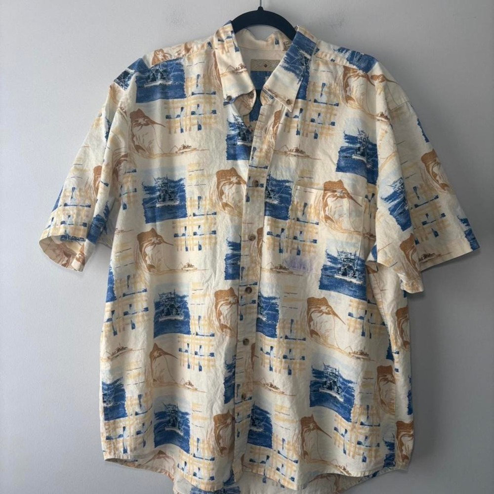 Royal Palm Fishing Graphic Hawaiian‎ Short Sleeve Button Down Shirt Size XL